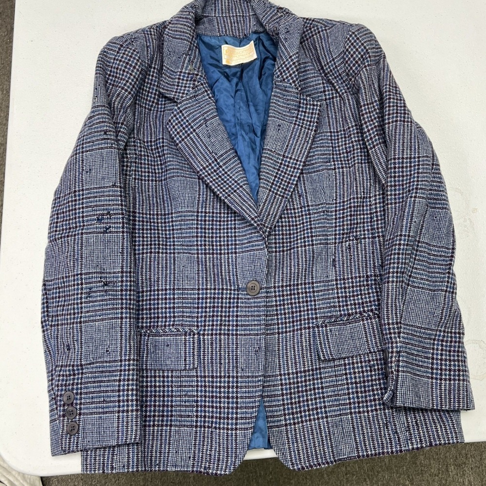 Pendleton Blazer Womens M Blue Plaid Pure Virgin Wool Vintage Single Button USA